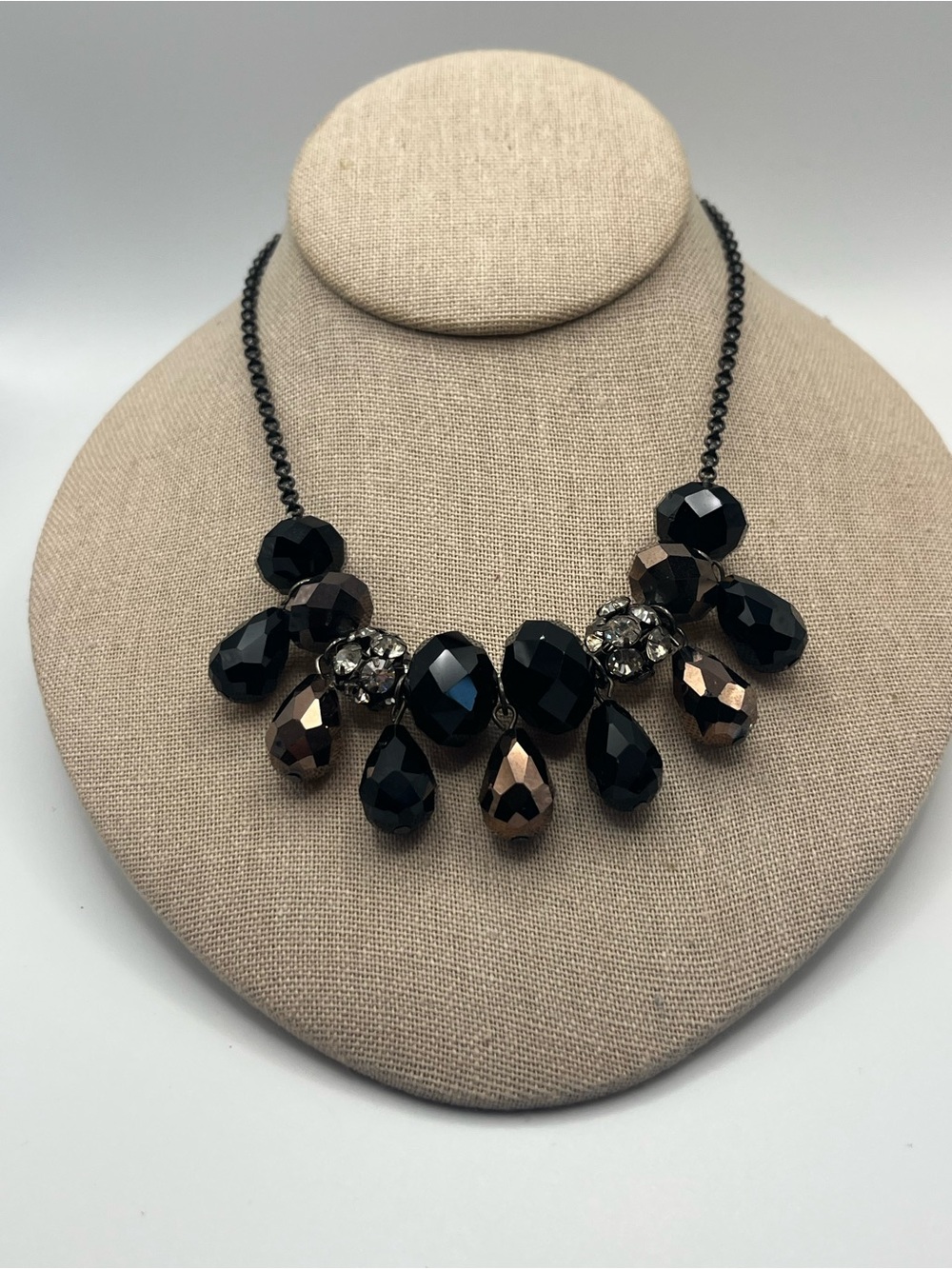 Liz Claiborne Black and Bronze Faceted Glass Teardrop Statement Necklace